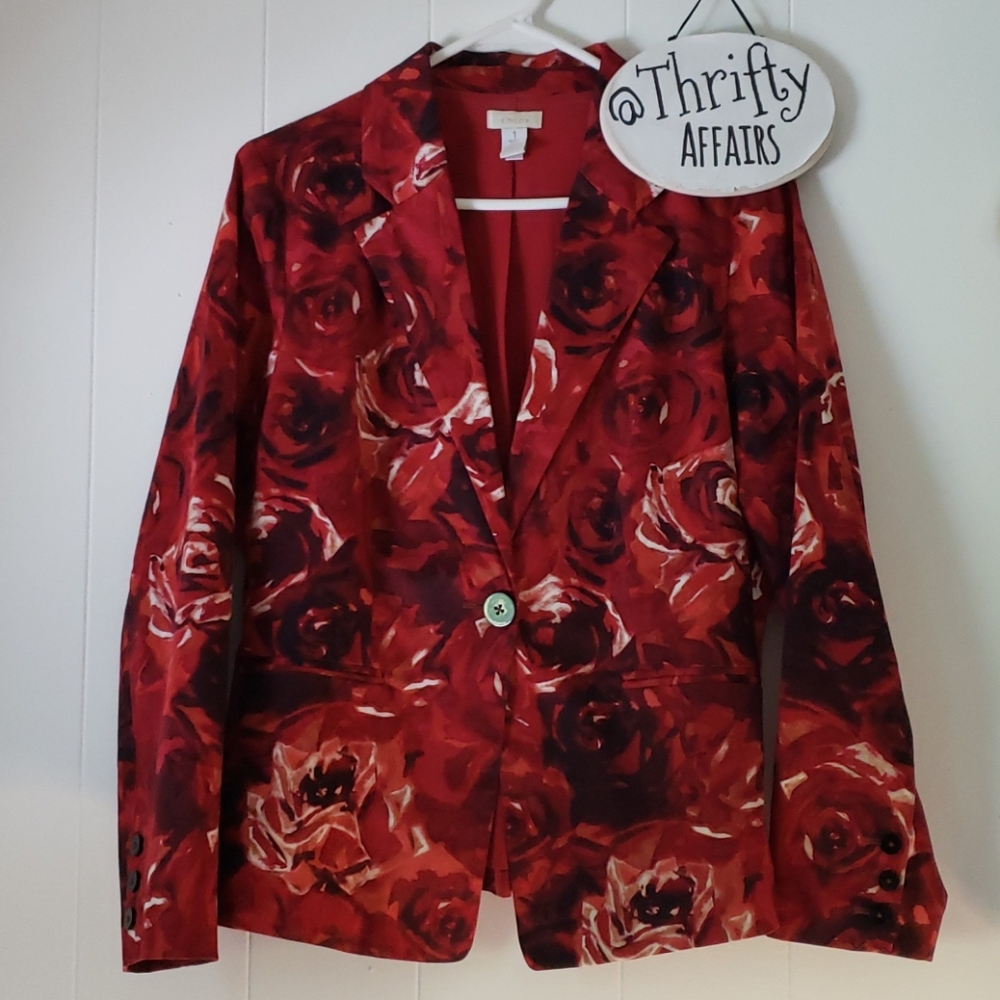 Chico's Red Black Floral Blazer Womens Size M Jacket